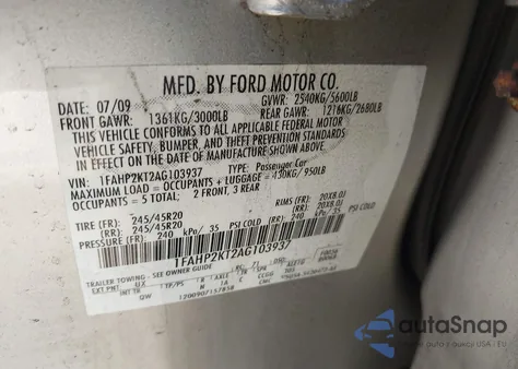 2010 Ford Taurus Sho из США, поврежденный, VIN 1FAHP2KT2AG103937